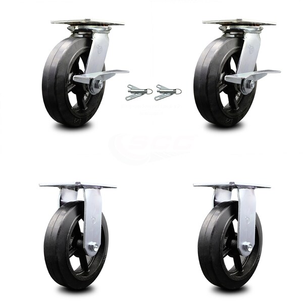 8 Inch Rubber on Steel Caster Brakes/Swivel Locks and 2 Rigid SCC, 2PK